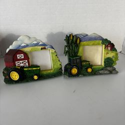 John Deere Resin Picture Frames Hand Painted Farm Scene 2" x 3" Lot Of Two