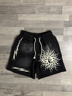 Black Graphic Fleece Shorts with Sun Print