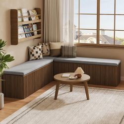 Walnut Fluted L-Shaped Storage Bench with Cushion for Breakfast Nooks and Entryways