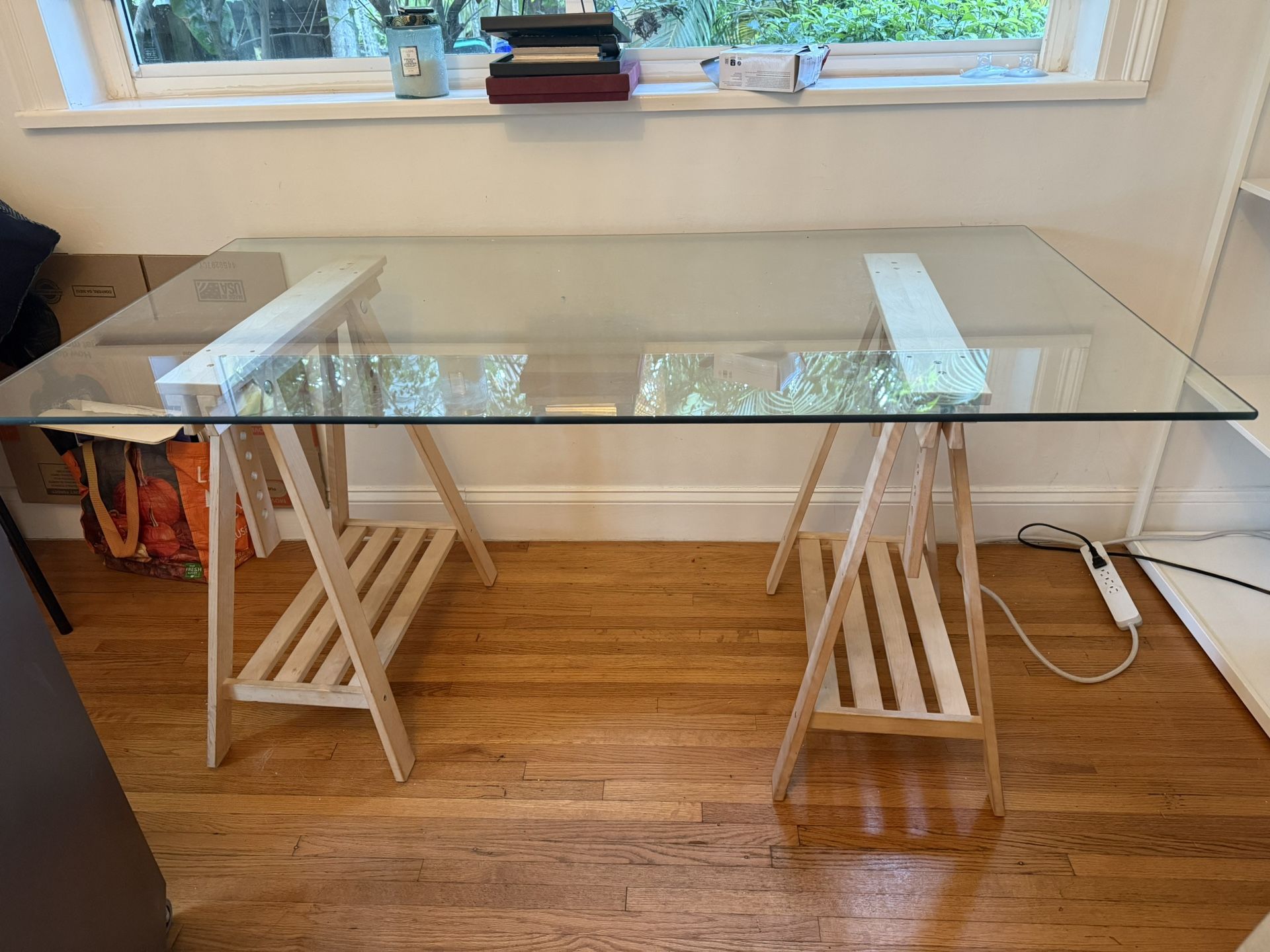 Glass Table Top With Light Wood Trestle Legs