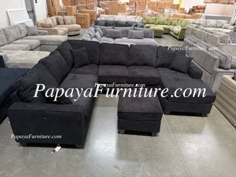 NEW Large U Shape Sectional Sofa and Chaise with Ottoman Set BLACK Chenille Fabric Ashley Style Discount Couch Seccional Grey BIG Clearance SALE DEAL
