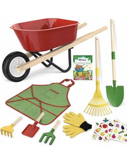 New Kids Gardening Wheelbarrow Set, Metal & Wooden Garden Tools for Kids Ages 3-8