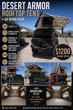 Desert Armor Rooftop Tent + Go Rhino Rack + LED Lighting
