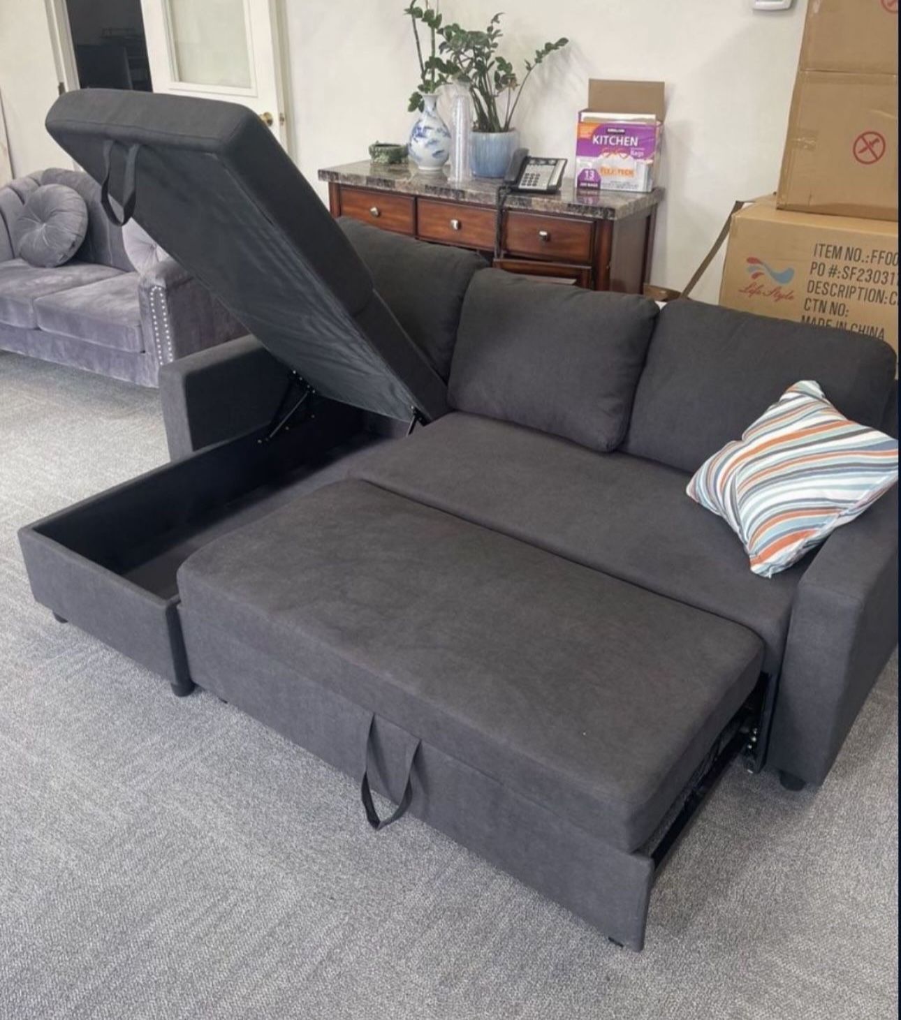 Charcoal Gray Microfiber Sectional Sleeper Sofa Couch