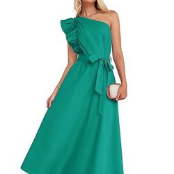 ZESICA Women's Summer One Shoulder Ruffle Dress Sleeveless Empire Waist Boho Flowy Maxi Dresses,