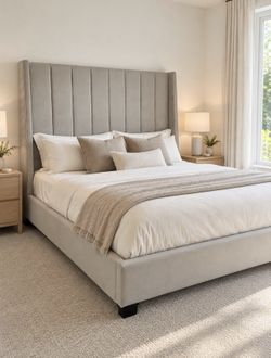 Luxury Upholstered King Bed Frame | Tall Wingback Channel-Tufted Headboard
