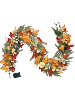 New Realistic Fall Garland for Mantle 6 Ft Fall Maple Leaves Garlands with Lights/Timer Pumpkin Garland for Thanksgiving Outdoor Indoor Table Fireplac