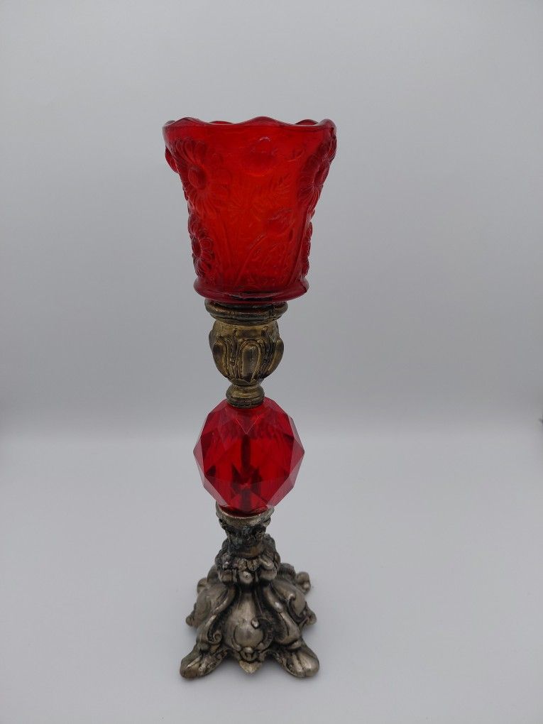 Beautiful Hollywood Regency Brass Candle Holder With Floral Glass Votive