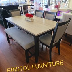 🥊 Dining Set 6 pc, Light Gray and Black Color, Upholstered Cushion Fabric, New in the Box.