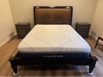 Queen Bed Frame, Solid Wood, Espresso with Suede Headboard