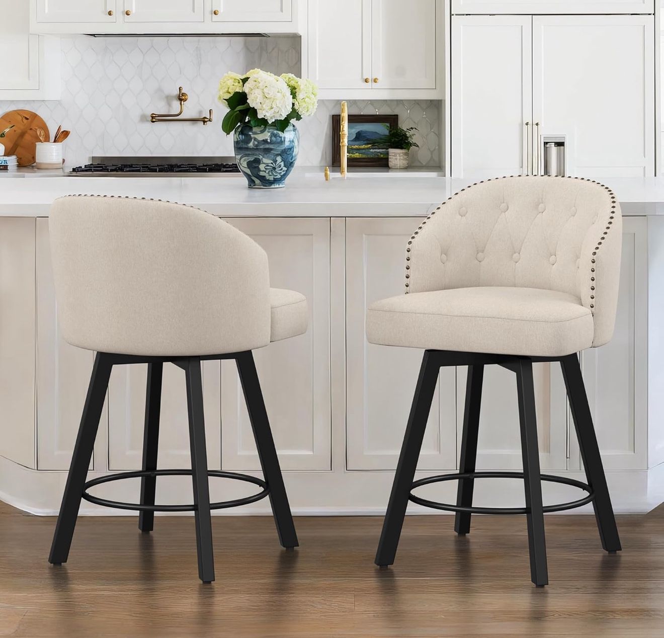 Counter Height Bar Stools Set of 2, 26" Swivel Fabric Upholstered Bar Stools with Backs and Metal Legs, Retro Counter Stools for Kitchen Island, Dinin