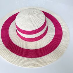 Like New Large Hot Pink / Fuchsia Stripped Straw Beach / Sun Hat