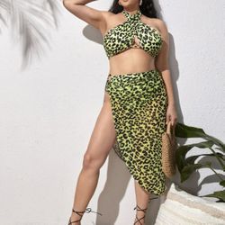 Leopard Cross Halter Bikini Swimsuit & Cover Up
