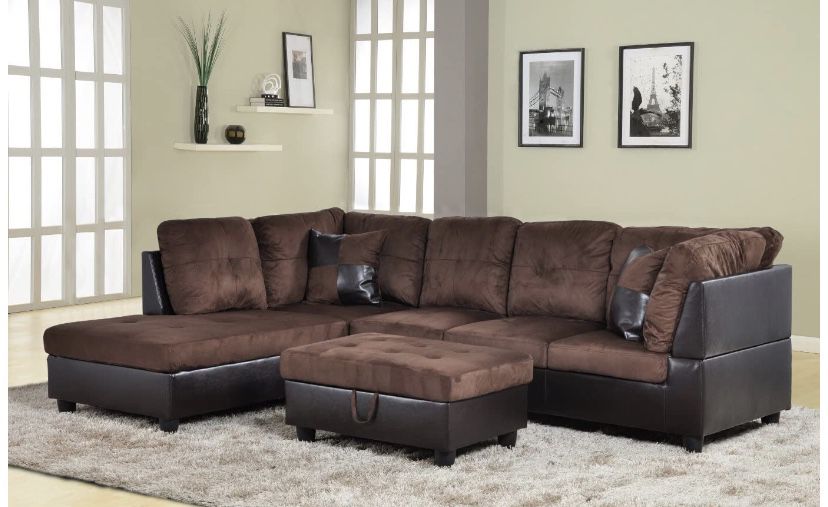 New chocolate microfiber sectional couch with storage ottoman