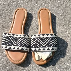 Haute Hippie Slides Embroidered Black White Tribal Print Summer Sandals Size ??