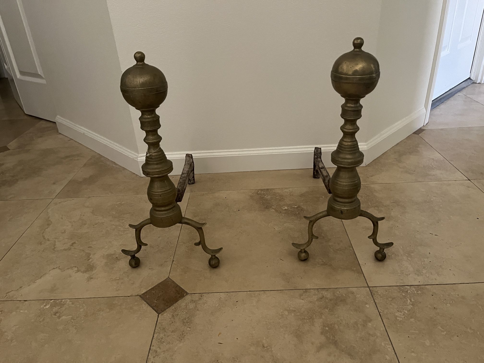 Pair Of Antique Cannonball Brass Andirons