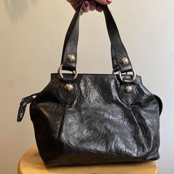 Roberta Gandolfi of Italy black leather rose stitched bag with silver details