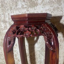 Chinese carved rosewood and marble inset pedestal plant stand