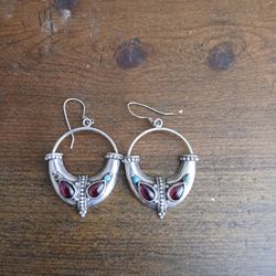 Indian Made Sterling Silver Aztec Set Of Earrings With Gem Stones