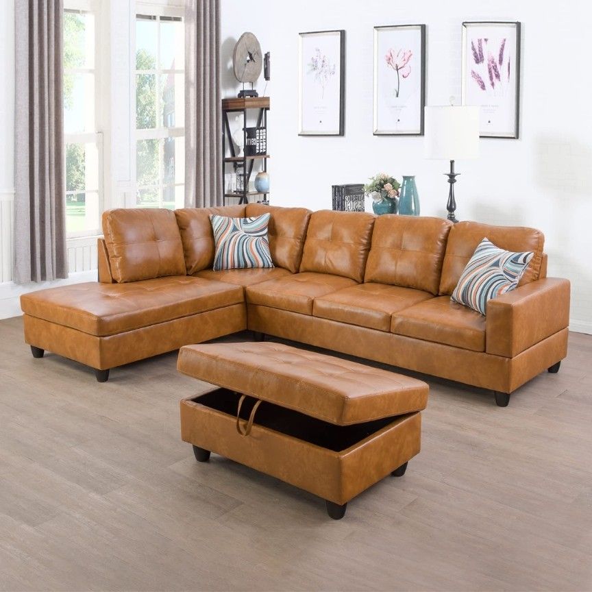 Ginger Faux Leather 3 Seater Sectional Sofa With Ottoman