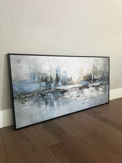 BRAND NEW 48x24 "Reflective Horizon" Black Framed Textured Abstract Urban Landscape Textured Artwork