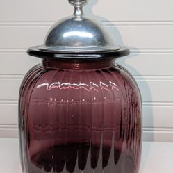 Vintage Amethyst Plum Purple Glass Jar W/ Pewter Lid