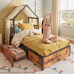Twin House Bed Frame with Storage, Wooden Platform Bed, Black 2 Rolling Under-Bed Storage Drawers, Montessori Floor Bed with Safety Guardrails, Squeak