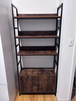 Industrial Ladder Bookshelf with Cabinet Storage, Espresso/Black, 71” Tall