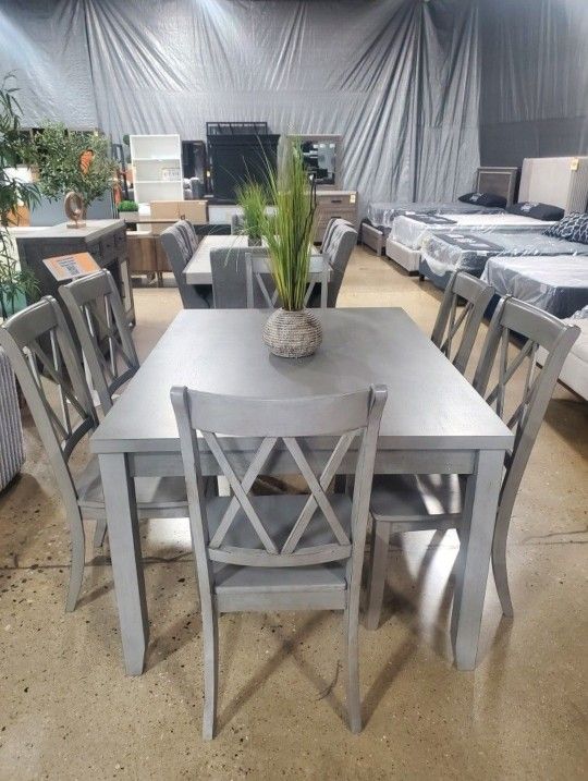 7 Pc Gray Dining Set With Table With Storage