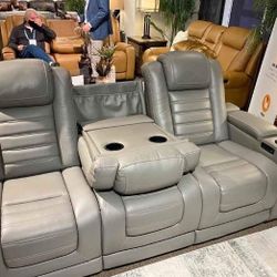 Real Leather Power Recliner Sofa By Ashley 