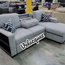 ✅️✅️2 pc Grey boucle fabric sectional sofa with pop up sleep area and storage chaise drop down tray table wireless charging✅️✅️