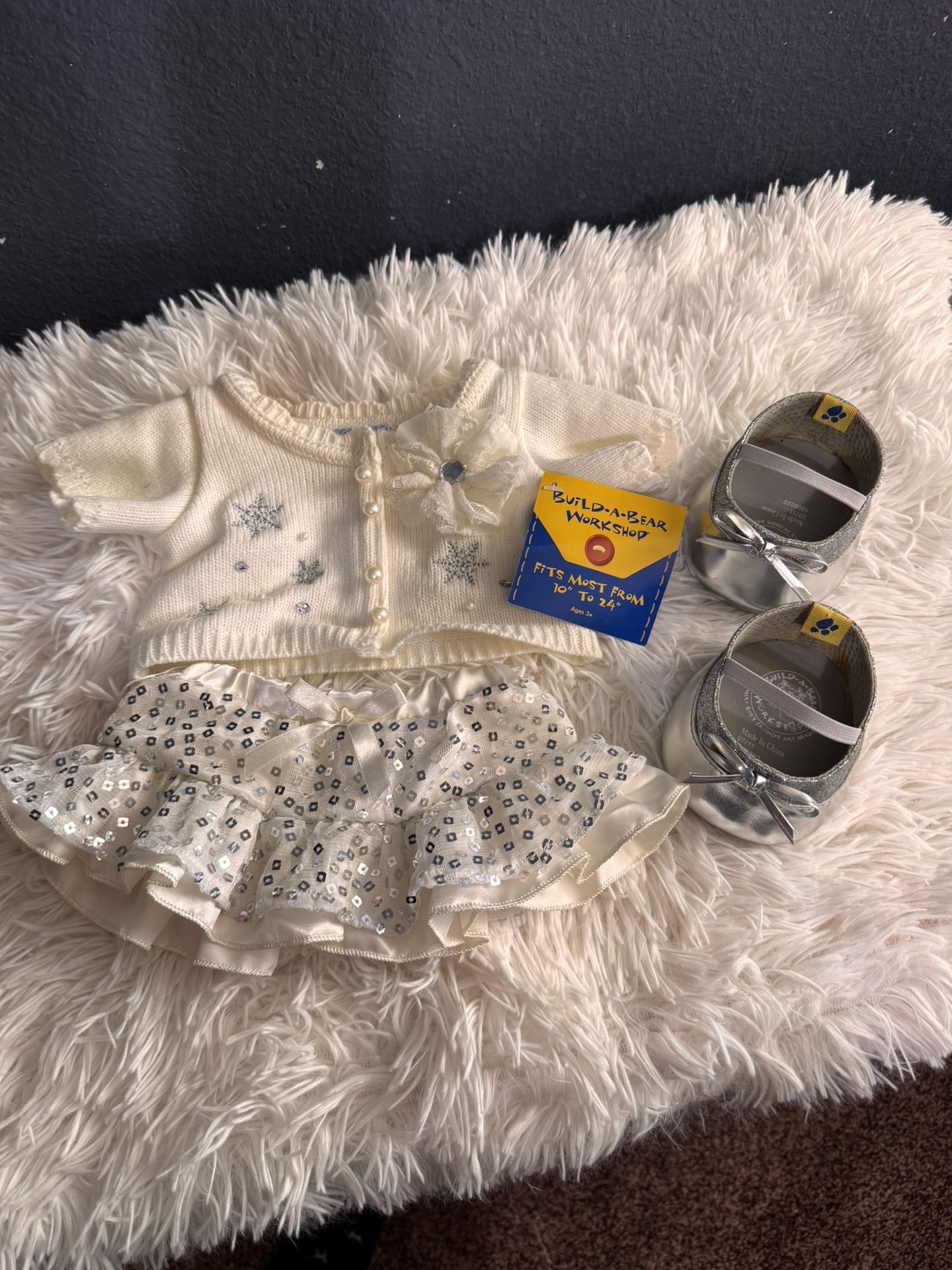 Build-A-Bear Workshop Holiday Cream Sweater Tulle Sequined Skirt & shoes NWT