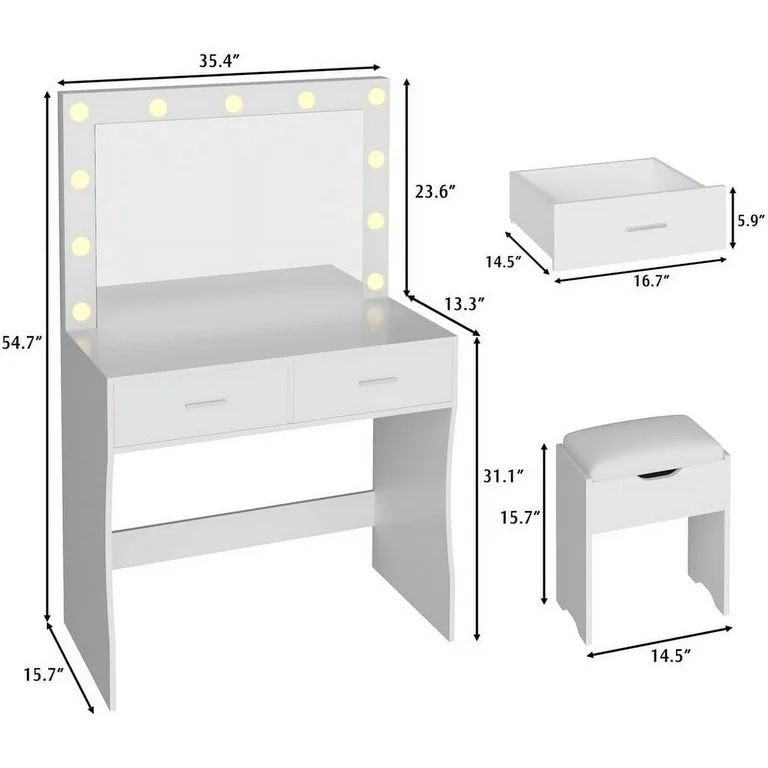 Furmax Makeup Vanity Table Set with Lights and Mirror Vanity Desk with Drawer and Chair, White