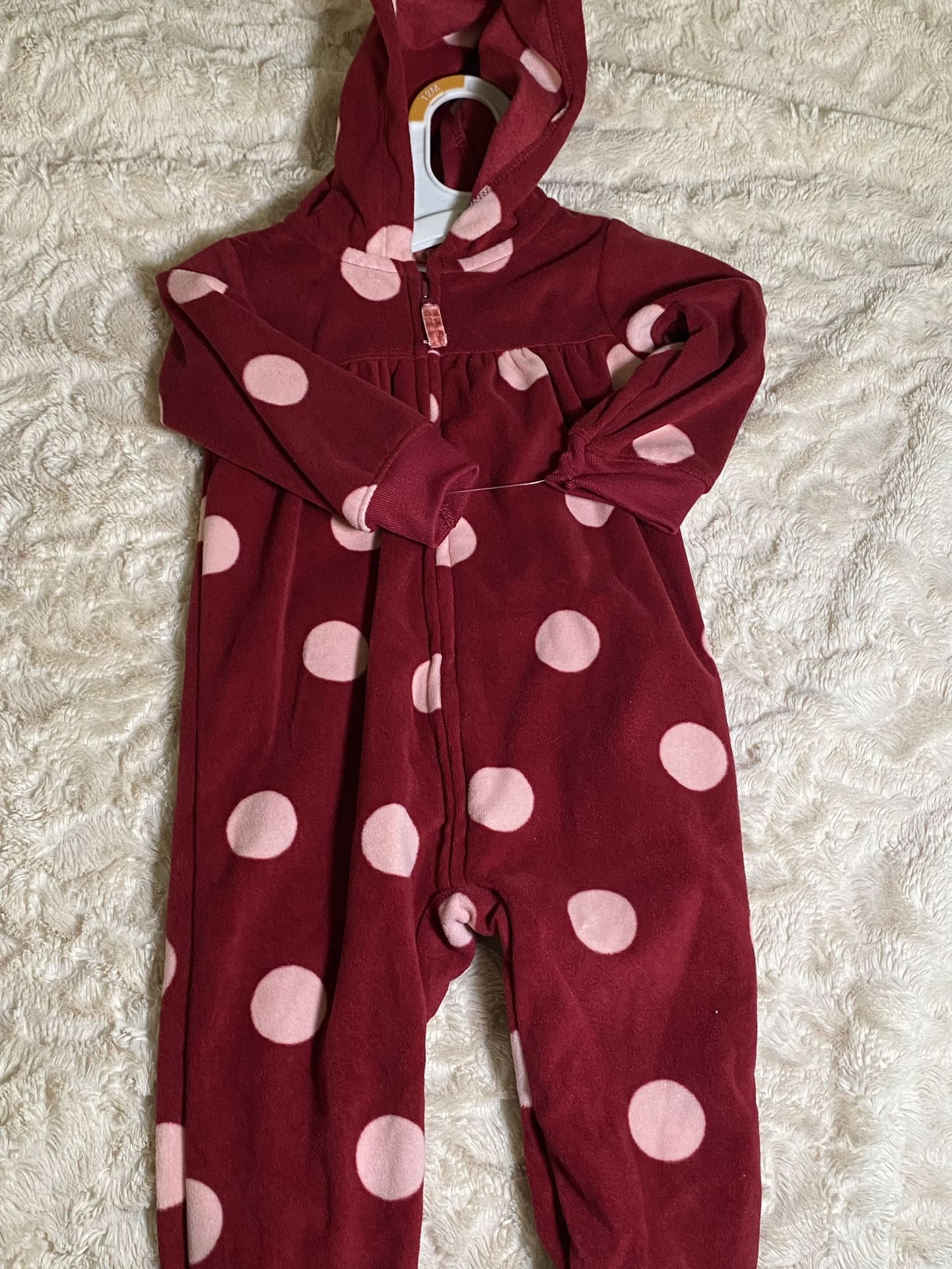 Pink Spotted Fleece Hooded Zip Up Romper 12M
