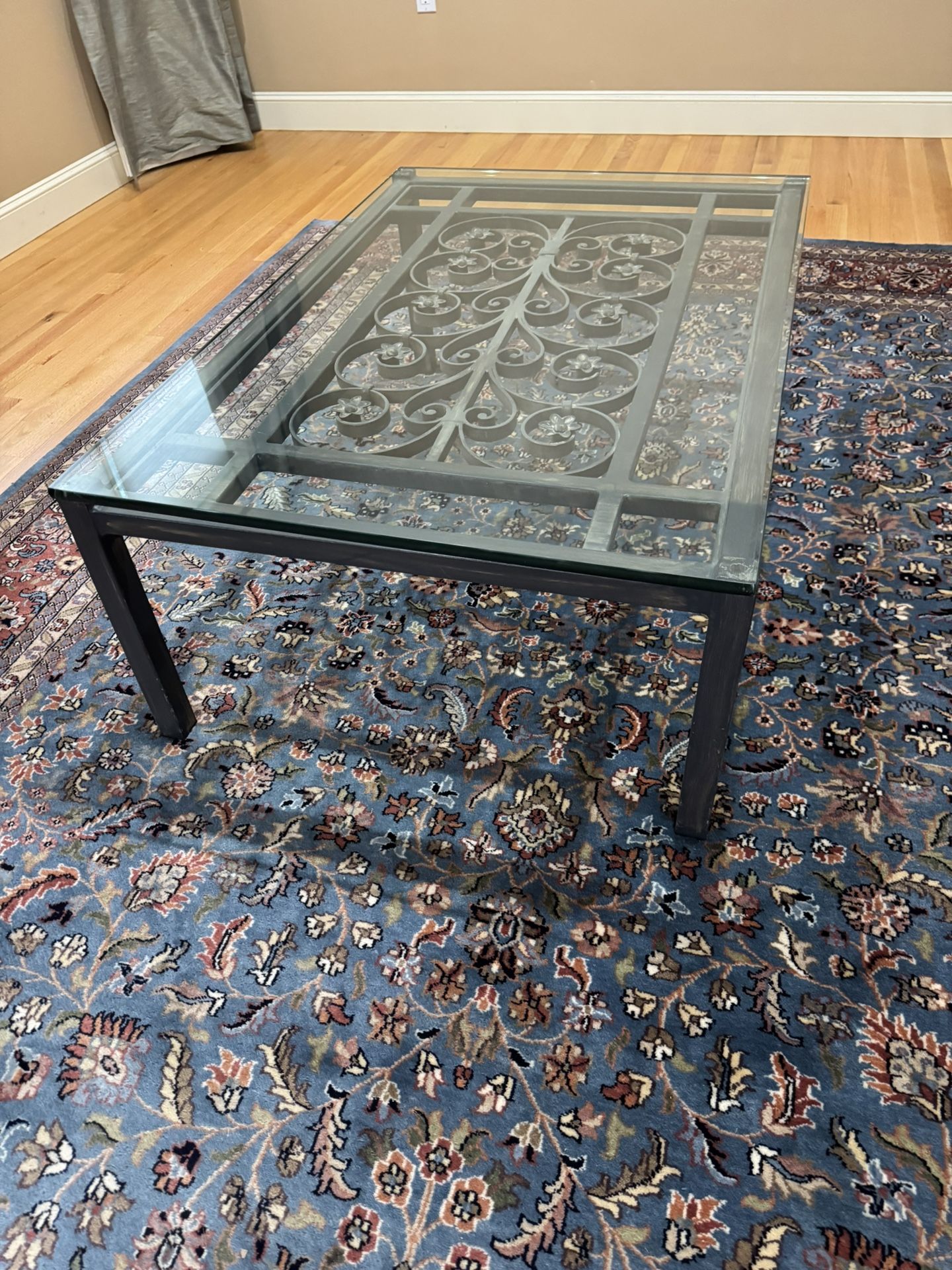 Vintage Glass & Iron Coffee Table – Heavy Solid 44”