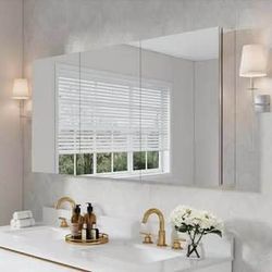 New in Box ROSA 60 in. W x 30 in. H Rectangular Aluminum Tri-View Medicine Cabinet with Mirror, Blum