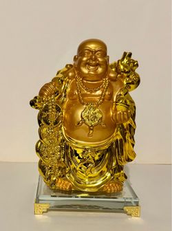 Gold Laughing Buddha Figurine with Glass Base