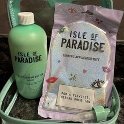 NEW ISLE OF PARADISE SELF TANNING BUTTER MEDIUM, PUMP, APPLICATION MITT AND BRANDED ZIPPERED CASE $30 For All!