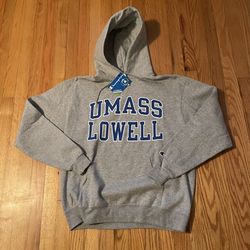 UMASS LOWELL RIVERHAWKS Hooded Champion Sweatshirt SIZE LARGE - GRAY - BRAND NEW