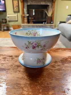 Vintage J&G Meakin Hanley England Flower Frog Pedestal Bowl Pink Roses Blue