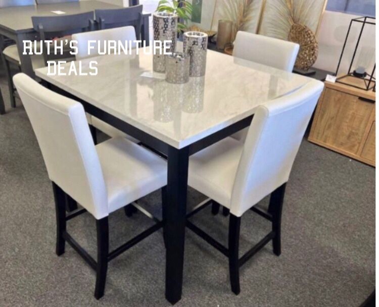 5-pc Counter Height Dining Set White Faux Marble Table Top