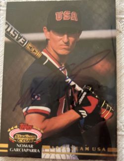 Nomar Garciaparra signed baseball card. Trade for FIFA World Cup stickers