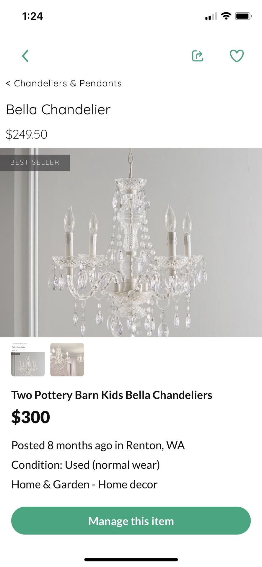 Two Pottery Barn Kids Bella Chandeliers