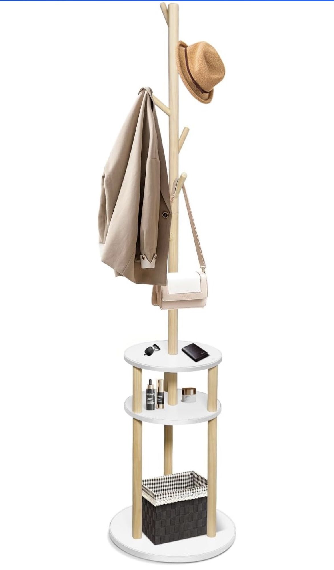 Brand New Freestanding Wooden Coat Rack – White Entryway Stand with 6 Hooks & 3 Storage Shelves