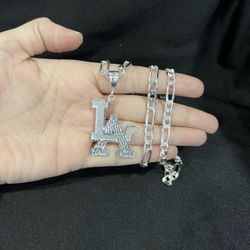 925 Sterling Silver Men Women Big Los Angeles LA Pendant Figaro Chain