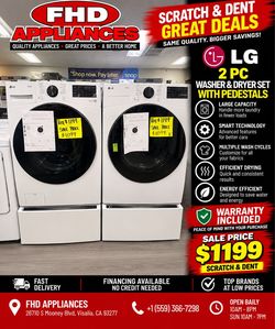 LG white washer and dryer set with pedestals