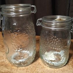 Two Wheaton Glass Mason Jars 1 L And 1.5 L Embossed Fruits Apple Grapes Pears