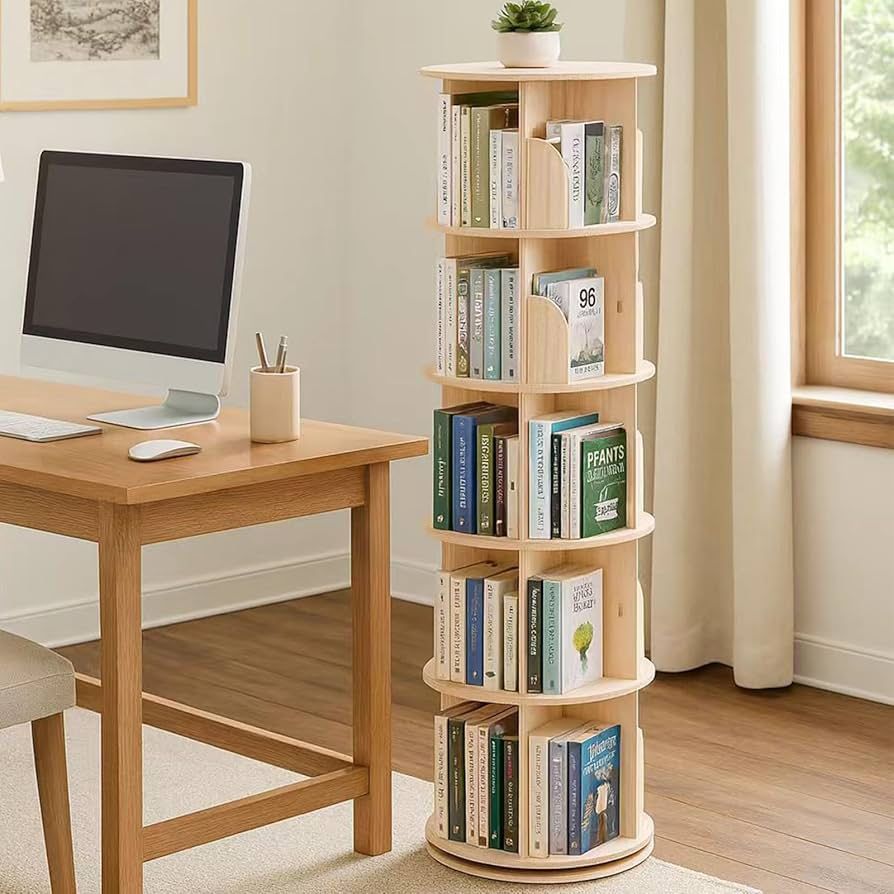 Solid Wood Rotating Bookshelf, 5-Tier 360° Spinning Bookcase Tower, Stackable Adjustable Book Shelf Organizer for Small Spaces, Corner Standing Storag