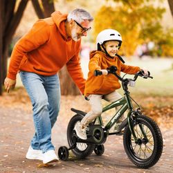 14 in Kid Bike Green Children Bikes for Boys Girls Removable Training Wheels Bicycle