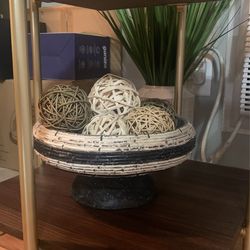Black And White Textured Display Bowl With Decorative Wicker Balls